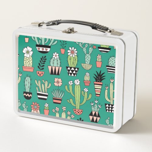 Blooming Cactuses Green Background Vintage Metal Lunch Box