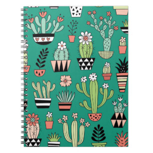 Blooming Cactuses Green Background Vintage Notebook