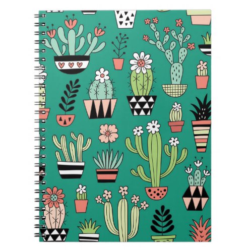 Blooming Cactuses Green Background Vintage Notebook
