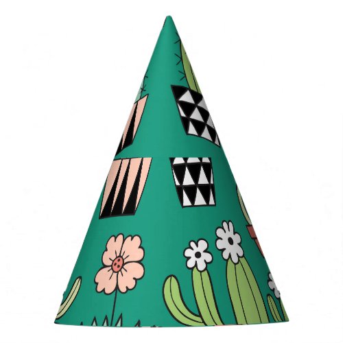 Blooming Cactuses Green Background Vintage Party Hat