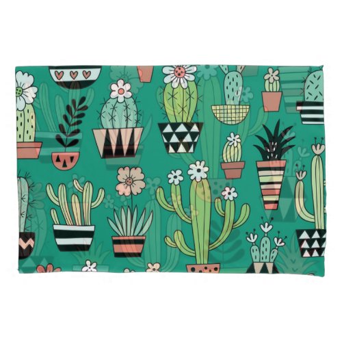 Blooming Cactuses Green Background Vintage Pillow Case