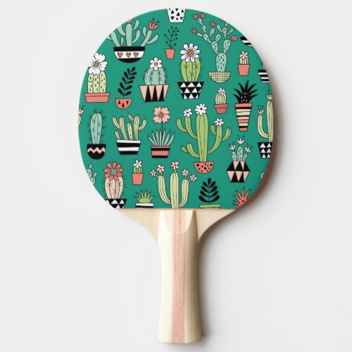 Blooming Cactuses Green Background Vintage Ping Pong Paddle