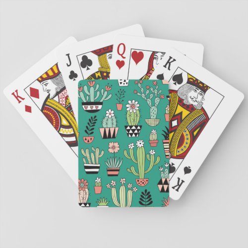 Blooming Cactuses Green Background Vintage Playing Cards