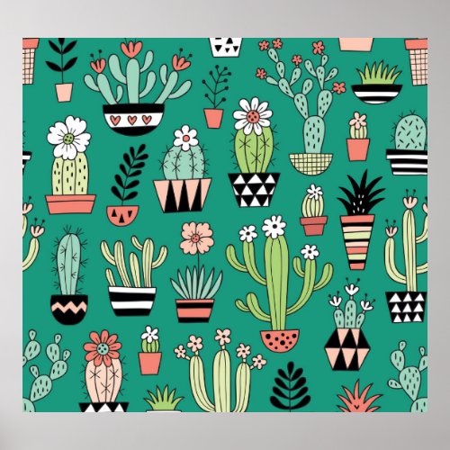 Blooming Cactuses Green Background Vintage Poster