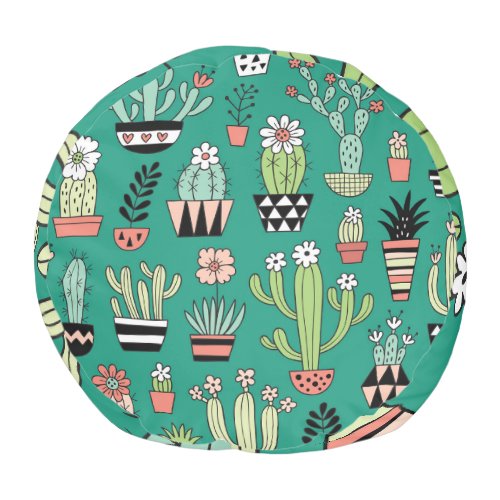 Blooming Cactuses Green Background Vintage Pouf