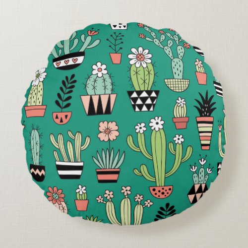 Blooming Cactuses Green Background Vintage Round Pillow