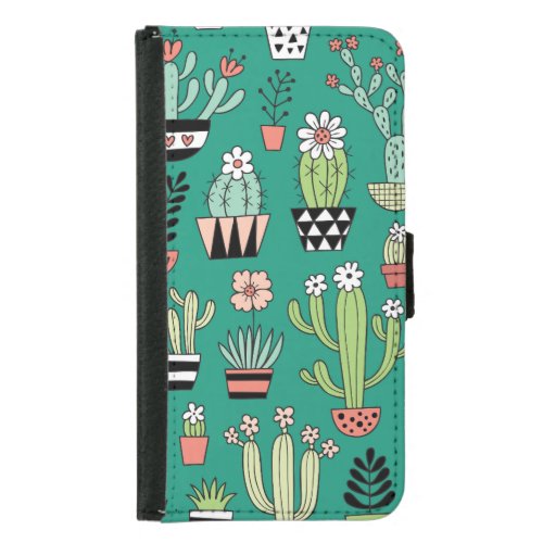 Blooming Cactuses Green Background Vintage Samsung Galaxy S5 Wallet Case