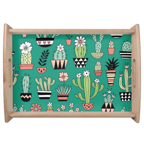 Blooming Cactuses Green Background Vintage Serving Tray