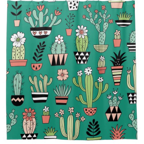 Blooming Cactuses Green Background Vintage Shower Curtain