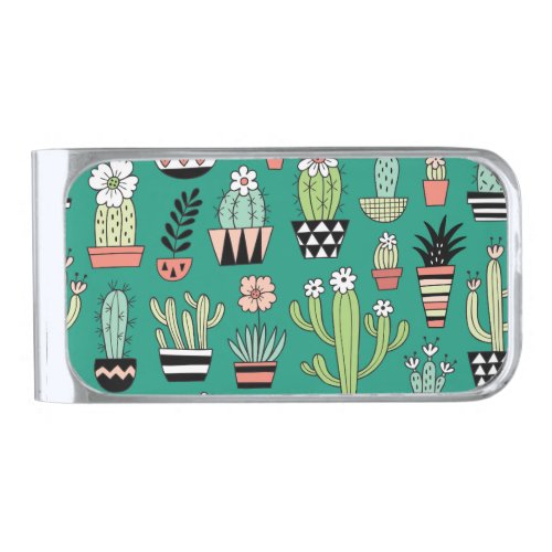 Blooming Cactuses Green Background Vintage Silver Finish Money Clip