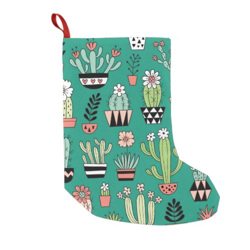 Blooming Cactuses Green Background Vintage Small Christmas Stocking