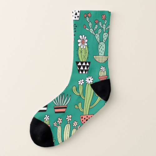 Blooming Cactuses Green Background Vintage Socks