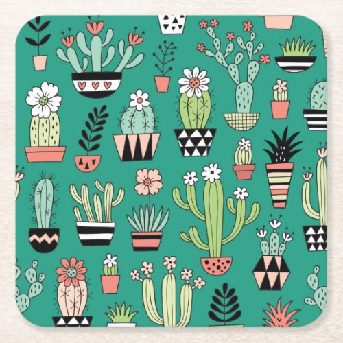 Blooming Cactuses Green Background Vintage Square Paper Coaster