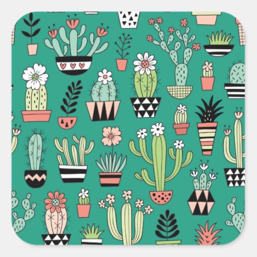 Blooming Cactuses Green Background Vintage Square Sticker