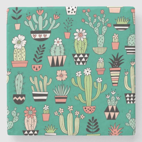 Blooming Cactuses Green Background Vintage Stone Coaster