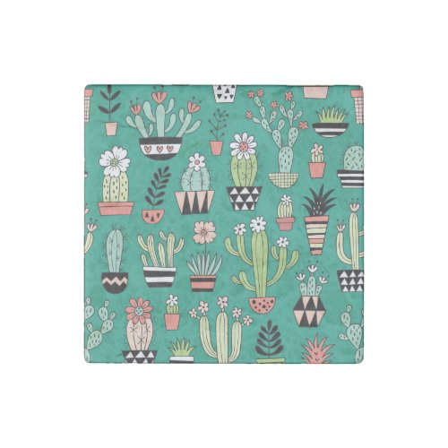 Blooming Cactuses Green Background Vintage Stone Magnet