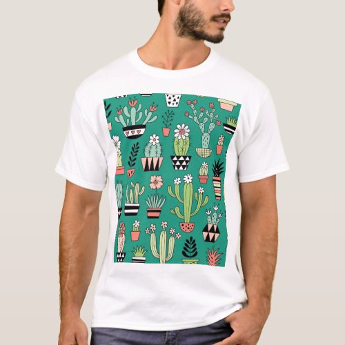 Blooming Cactuses Green Background Vintage T_Shirt