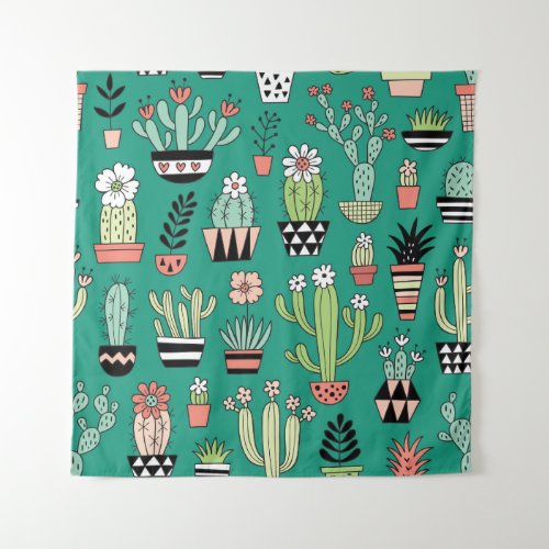 Blooming Cactuses Green Background Vintage Tapestry
