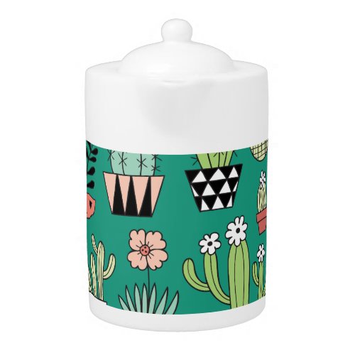 Blooming Cactuses Green Background Vintage Teapot