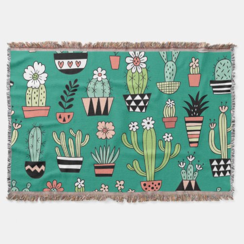 Blooming Cactuses Green Background Vintage Throw Blanket