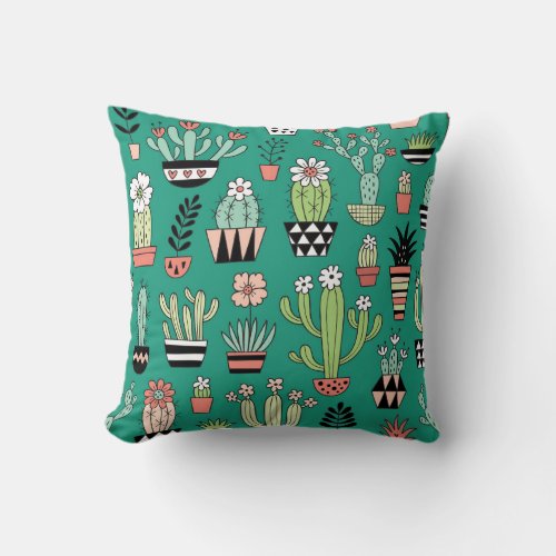 Blooming Cactuses Green Background Vintage Throw Pillow