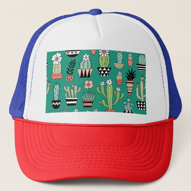 Blooming Cactuses Green Background Vintage Trucker Hat (Front)
