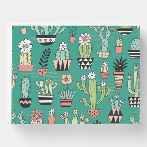 Blooming Cactuses Green Background Vintage Wooden Box Sign