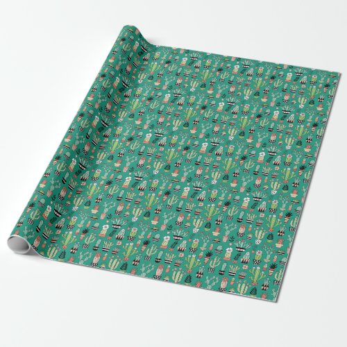 Blooming Cactuses Green Background Vintage Wrapping Paper