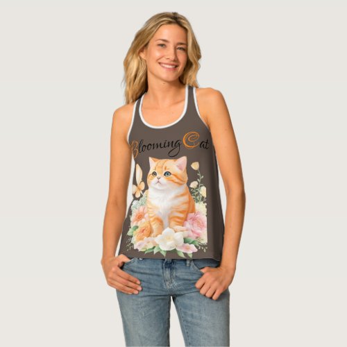 Blooming Cat Orange and White Floral Whiskers Tank Top