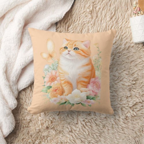 Blooming Cat Orange and White Garden Delight Throw Pillow