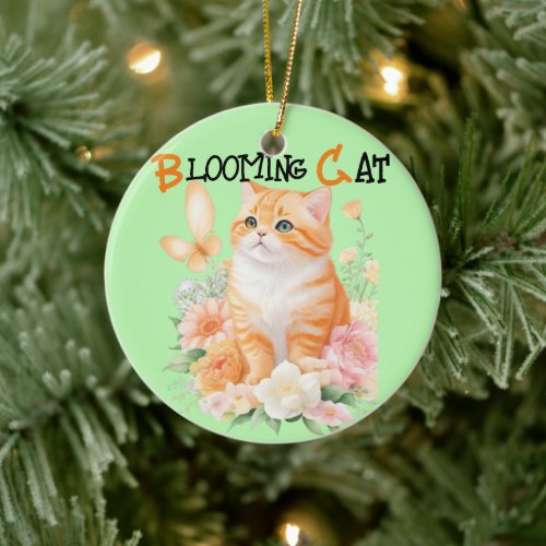 Blooming Cat Orange and White Petal Paradise Ceramic Ornament