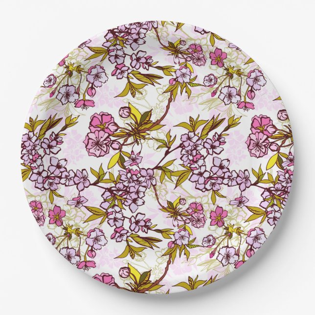 Blooming Cherry Blossom Pattern  Paper Plates (Front)