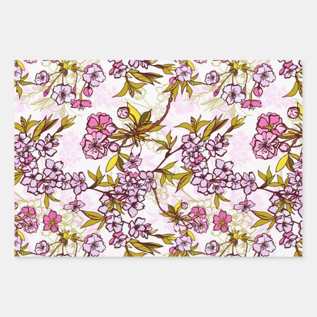 Blooming Cherry Blossom Pattern Wrapping Paper Sheets (Front)