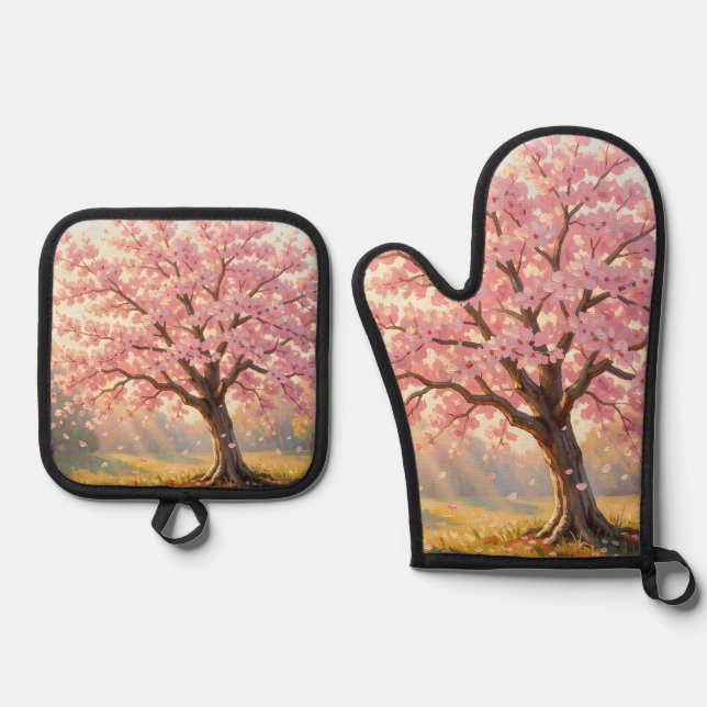  Blooming Cherry Blossom Tree Spring  Oven Mitt & Pot Holder Set (Front)