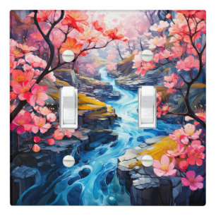 Blooming Cherry Blossoms Along A Creek Light Switch Cover