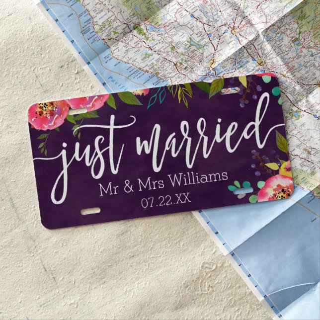 Blooming Chic Color Editable Wedding Just Married License Plate (In Situ)