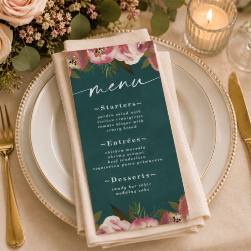 Blooming Chic Deep Teal Green Floral Wedding Menu