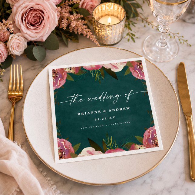 Blooming Chic Deep Teal Green Floral Wedding Napkins (Elegant reception napkins in deep teal colorway)
