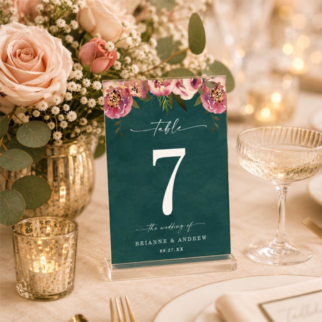 Blooming Chic Deep Teal Green Floral Wedding Table Number (Creator Uploaded)