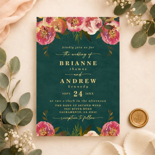 Blooming Chic Deep Teal Green Photo Wedding Gold Foil Invitation