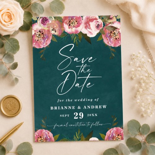 Blooming Chic Deep Teal Green Photo Wedding Save The Date