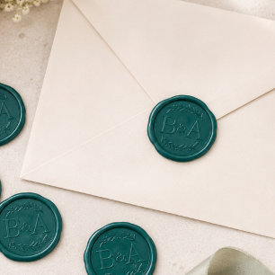 Blooming Chic Deep Teal Green Wedding Initials Wax Seal Sticker