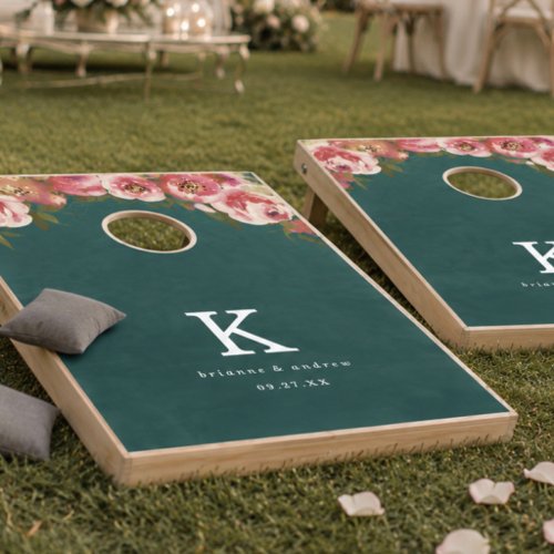 Blooming Chic Deep Teal Green Wedding Monogram Cornhole Set