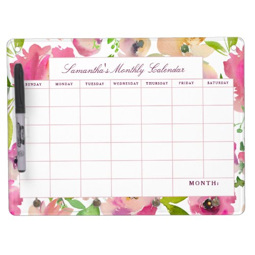 Blooming Chic Floral Personalized Monthly Calendar Dry Erase Board With Keychain Holder