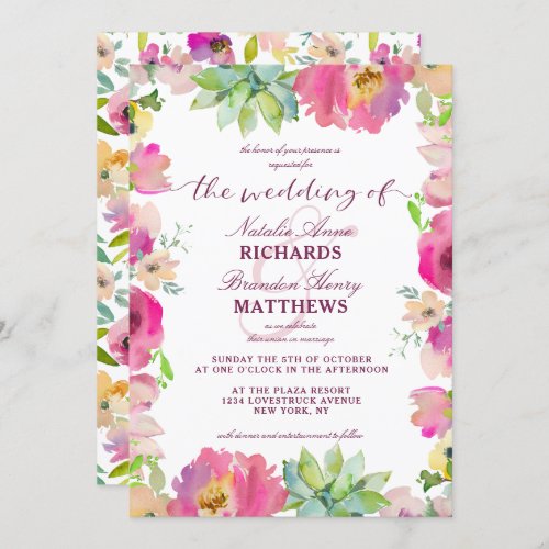 Blooming Chic Mint  Blush Floral Border Wedding Invitation