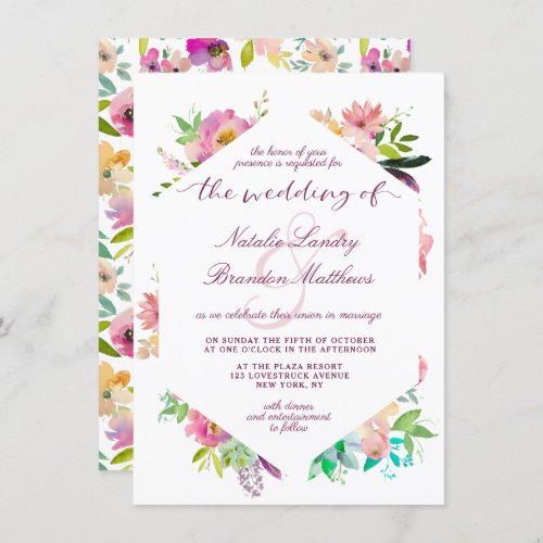 Blooming Chic Mint  Blush Floral Hexagon Wedding Invitation