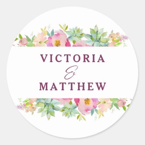 Blooming Chic Mint  Blush Floral Monogram Wedding Classic Round Sticker