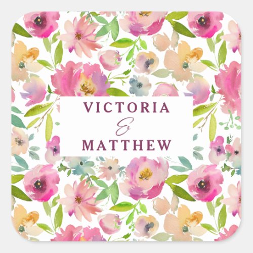 Blooming Chic Mint  Blush Floral Monogram Wedding Square Sticker