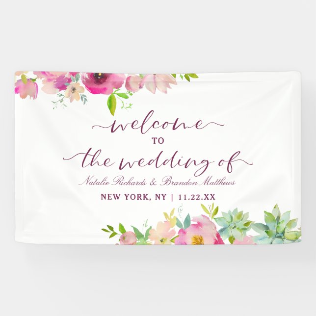 Blooming Chic Mint & Blush Floral Wedding Welcome Banner (Horizontal)