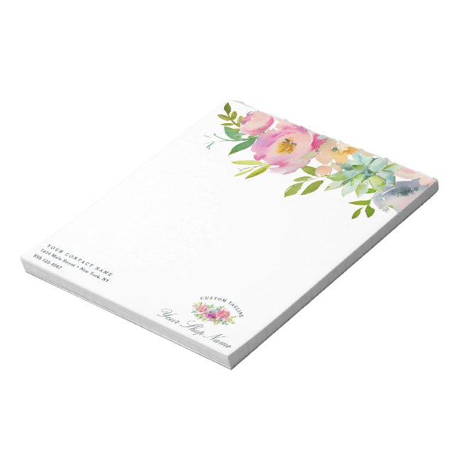 Blooming Chic Mint & Blush Pink Floral Business Notepad (Rotated)